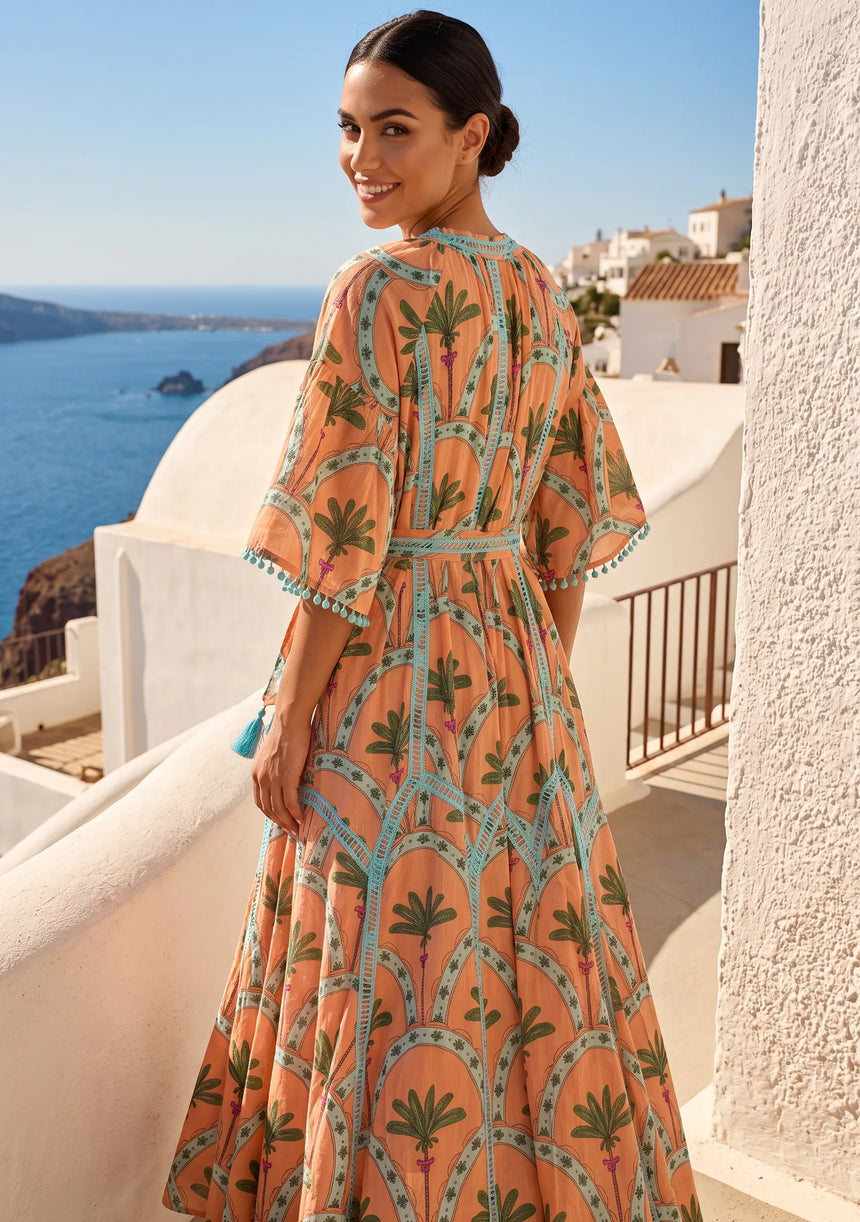 ibBan Hand-Embroidered Cotton Long Dress with Palm Print - Nashwa