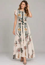 ibBan Hand-Embroidered Cotton Maxi Dress with Botanical Print -Ruzaan