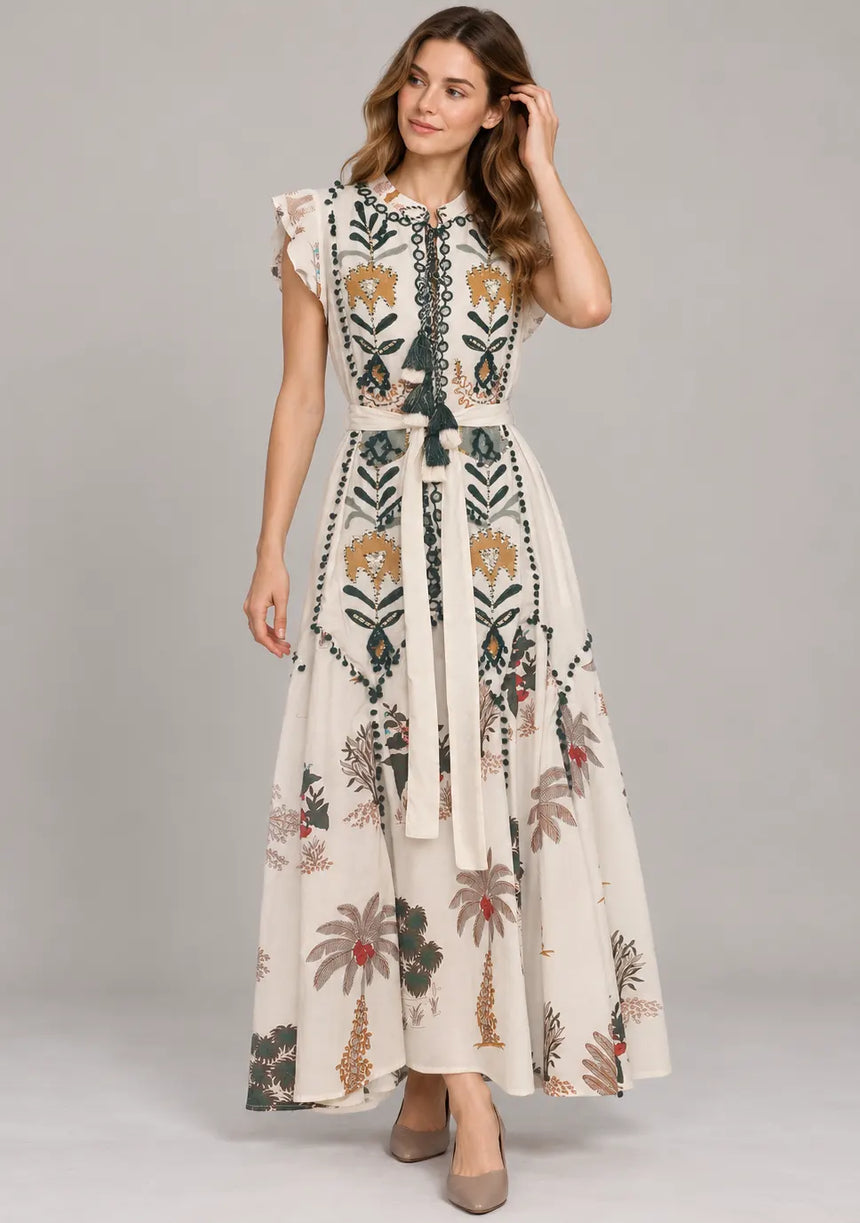 ibBan Hand-Embroidered Cotton Maxi Dress with Botanical Print -Ruzaan