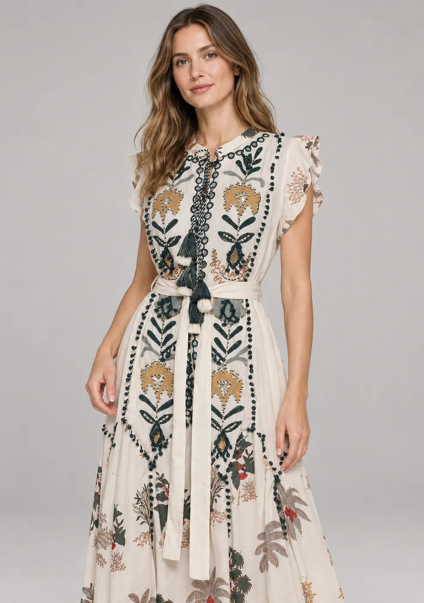 ibBan Hand-Embroidered Cotton Maxi Dress with Botanical Print -Ruzaan