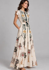ibBan Hand-Embroidered Cotton Maxi Dress with Botanical Print -Ruzaan