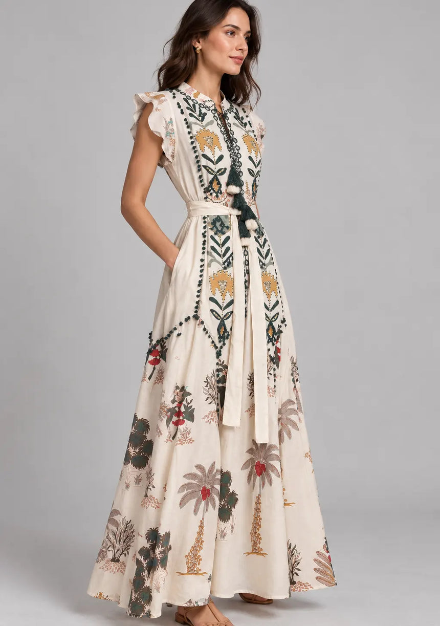 ibBan Hand-Embroidered Cotton Maxi Dress with Botanical Print -Ruzaan