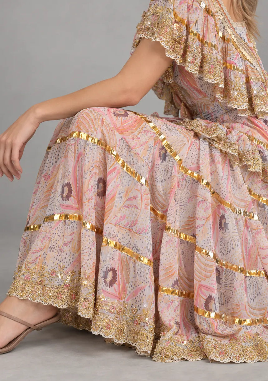 ibBan Cotton Georgette  Floral Tiered Long Dress - Huma