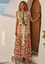 ibBan Hand-Embroidered Cotton Long Dress with Elephant Print - Yamna