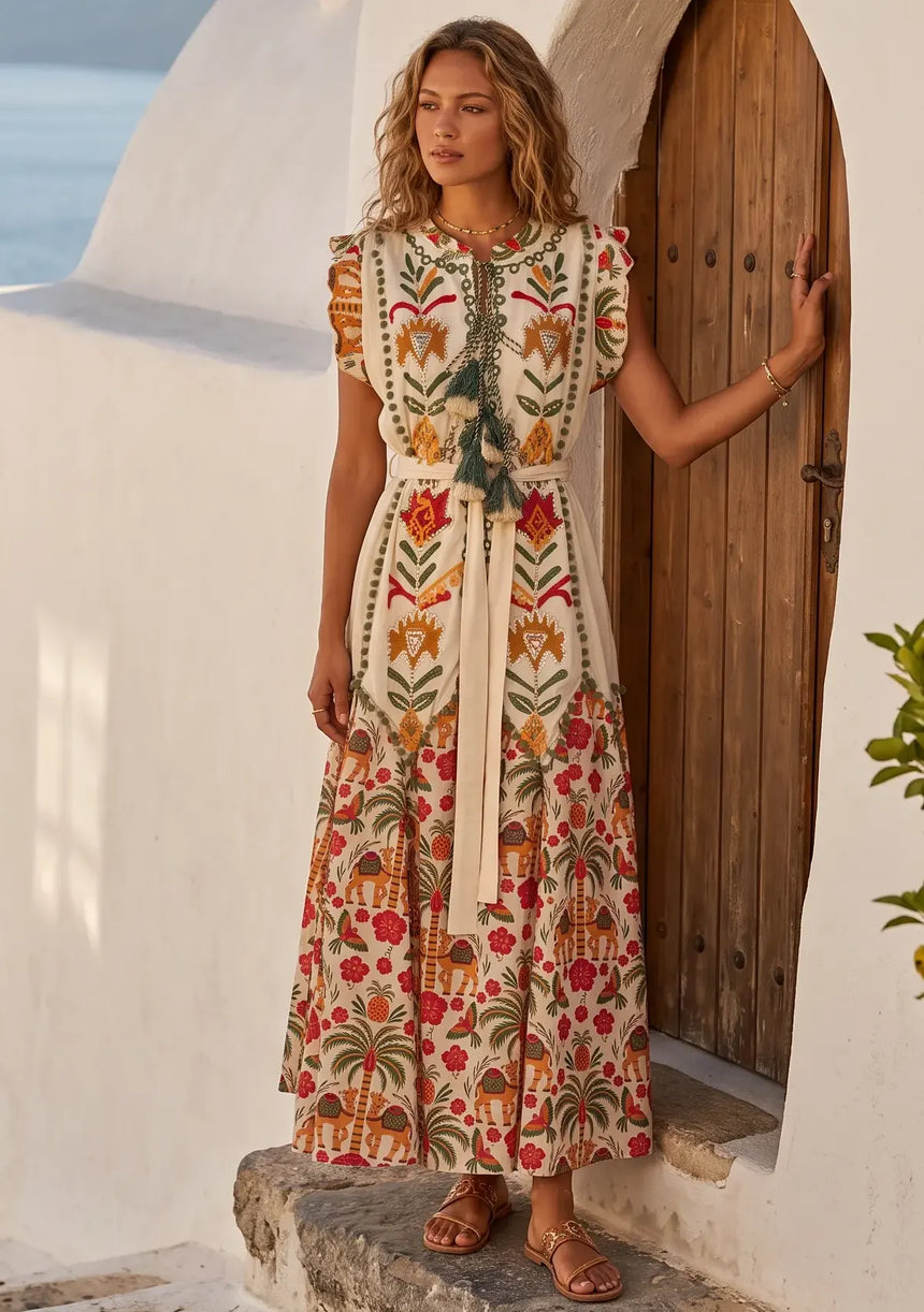 ibBan Hand-Embroidered Cotton Long Dress with Elephant Print - Yamna