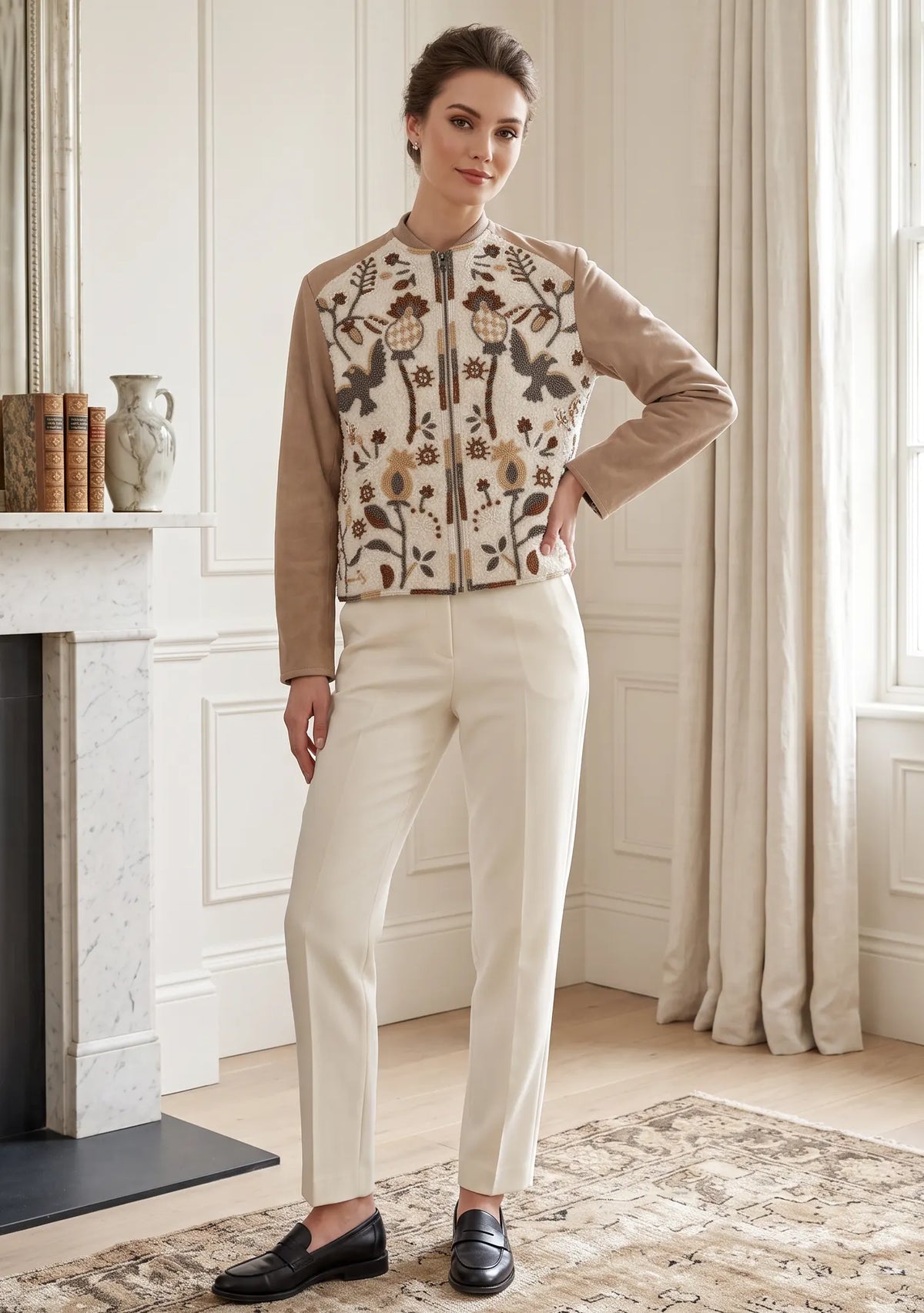 Sanya Jacket - Embroidered Faux Fur, Leather Sleeves