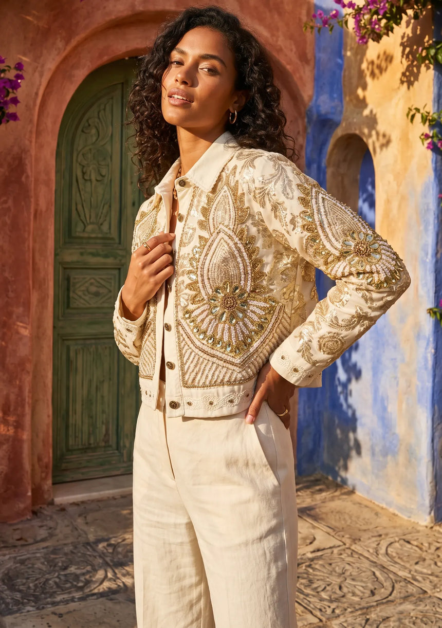ibBan Hand Embroidered Jacket | Luxury Beaded Cotton Canvas Organza Jacket - Vidha
