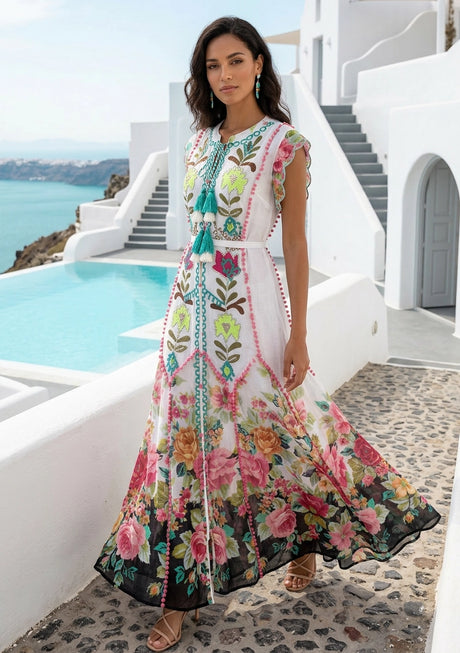Vestido Maxi de Algodón Bordado a Mano para Mujer Cuello Redondo - Nagozi