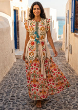 ibBan Hand-Embroidered Cotton Long Dress with Elephant Print - Yamna