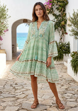 ibBan Mint Green Printed Cotton Short Tunic  with Hand Embroidery - Cheka Short Tunic