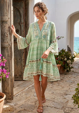 ibBan Mint Green Printed Cotton Short Tunic  with Hand Embroidery - Cheka Short Tunic