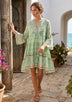ibBan Mint Green Printed Cotton Short Tunic  with Hand Embroidery - Cheka Short Tunic