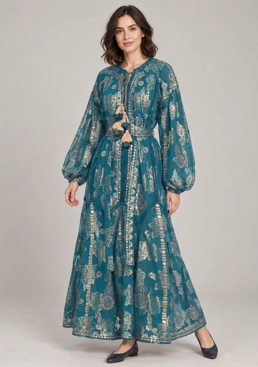 ibBan Floral Lurex Cotton Long Dress - Mavi