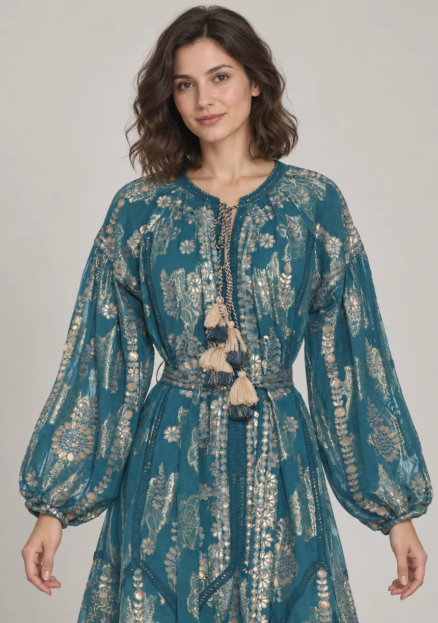 ibBan Floral Lurex Cotton Long Dress - Mavi