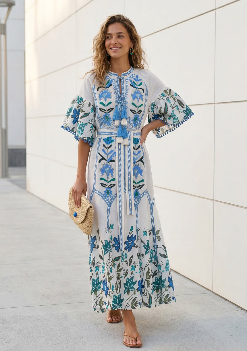 ibBan Blue Floral Hand Embroidered Cotton Long Dress - Imaani Long Dress