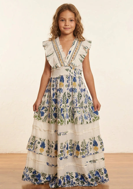 Vestido largo de algodón con cuello en V para niña - Aina