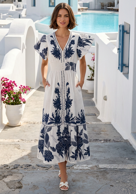 Vestido largo de algodón de lujo bordado a mano para mujer, cuello en V - Yamira