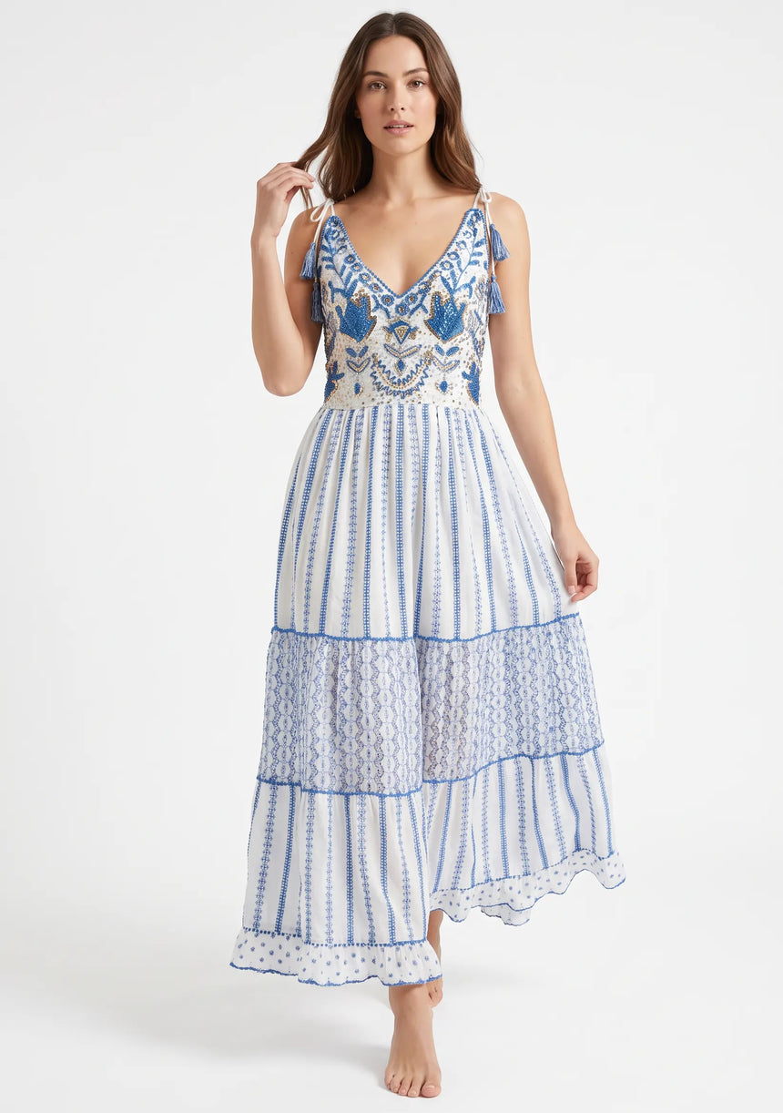 Robe longue à bretelles ibBan pour femme Basima | Broderie main | Paillettes | Taille unique