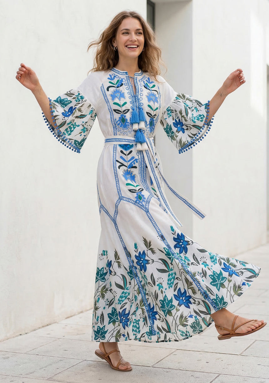 ibBan Blue Floral Hand Embroidered Cotton Long Dress - Imaani Long Dress