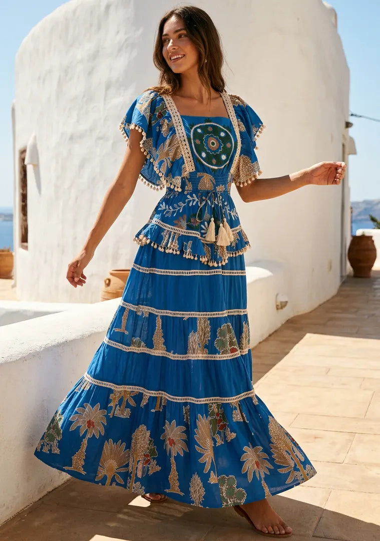 ibBan Embroidered Cotton Maxi Dress with Tiered Floral  - Lamis
