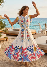 Vestido largo de algodón con cuello redondo para mujer - Barika