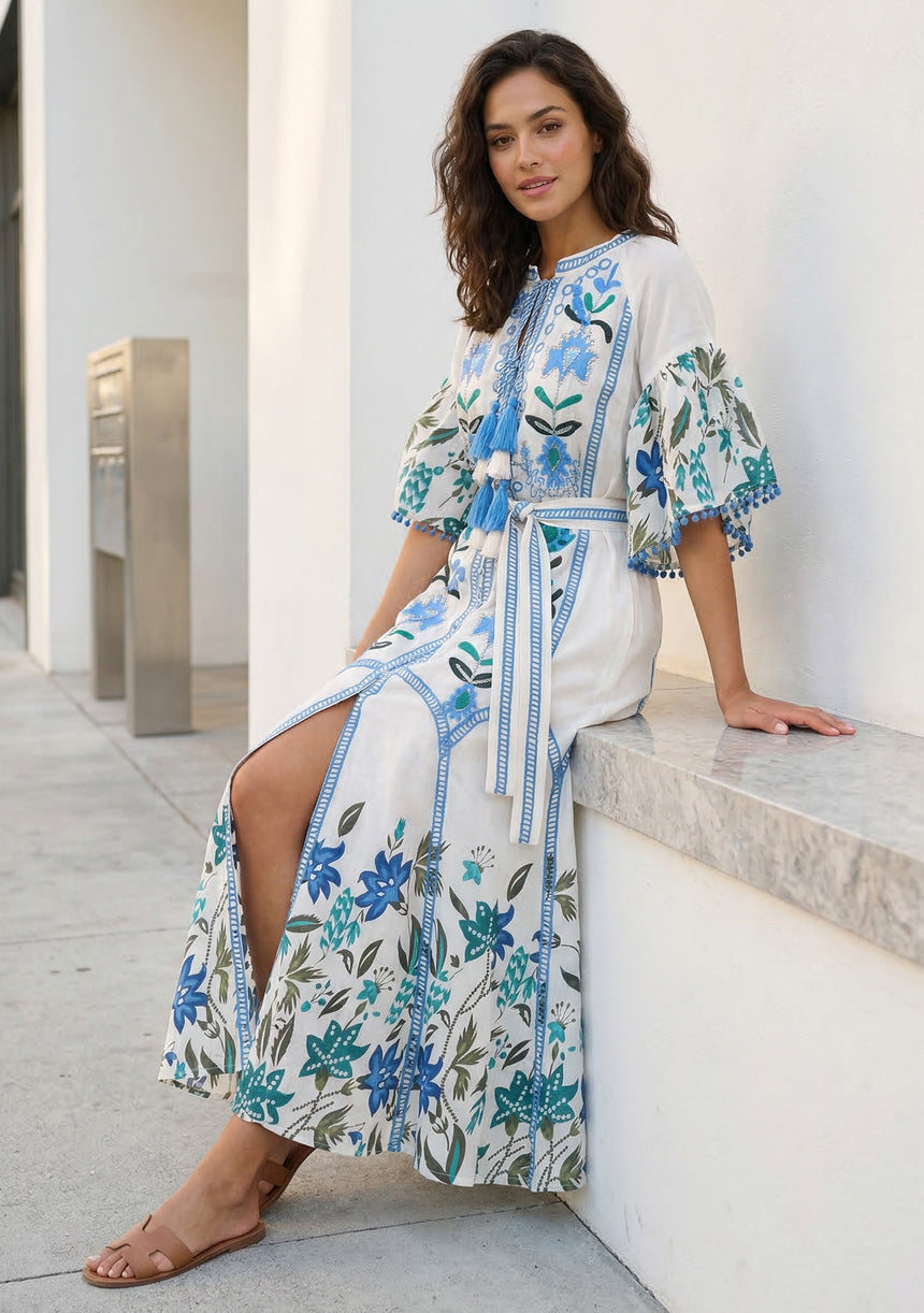 ibBan Blue Floral Hand Embroidered Cotton Long Dress - Imaani Long Dress