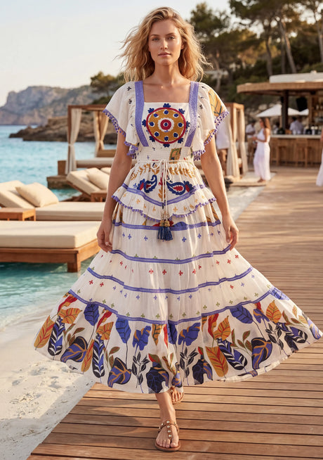 Maxivestido de algodón con cuello en V para mujer - Funami