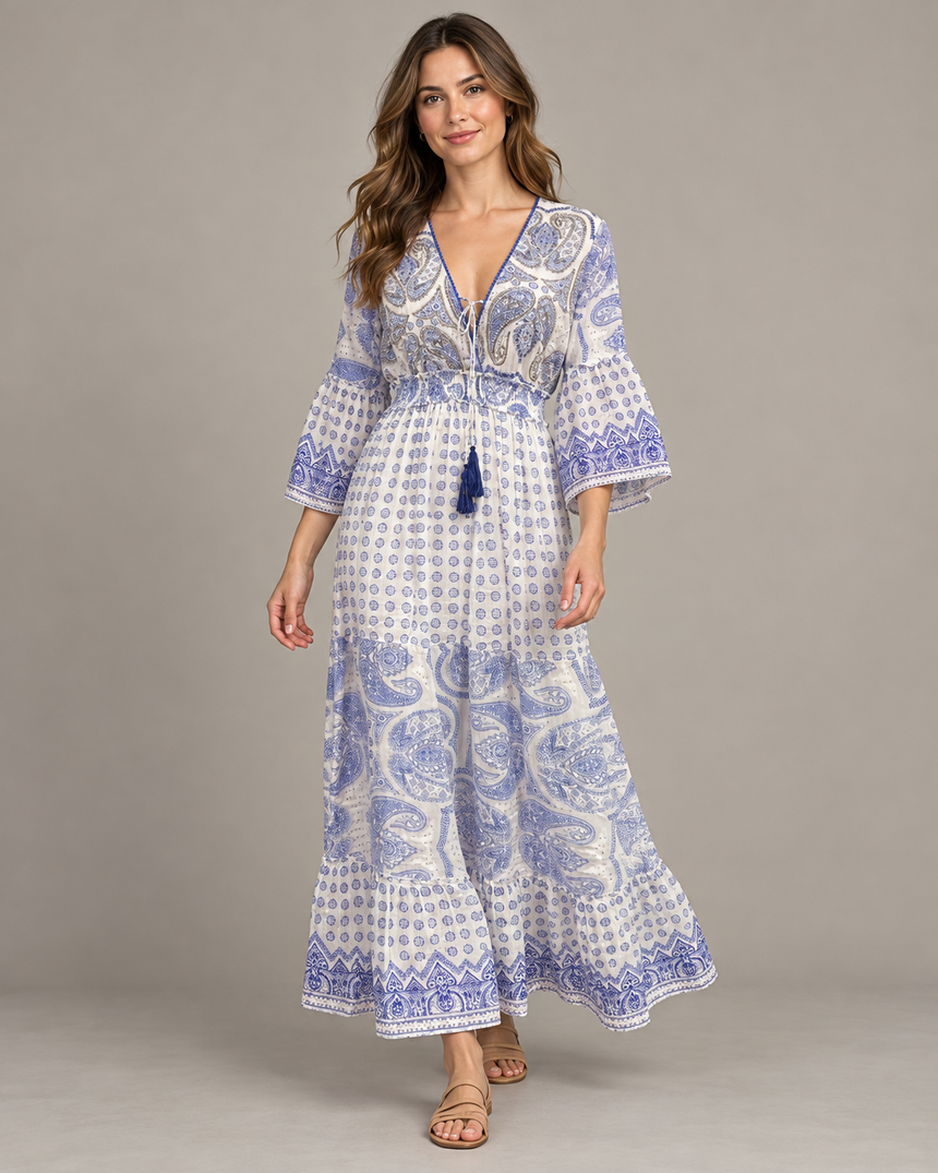 Mayra Long Dress - Hand-Embroidered Cotton