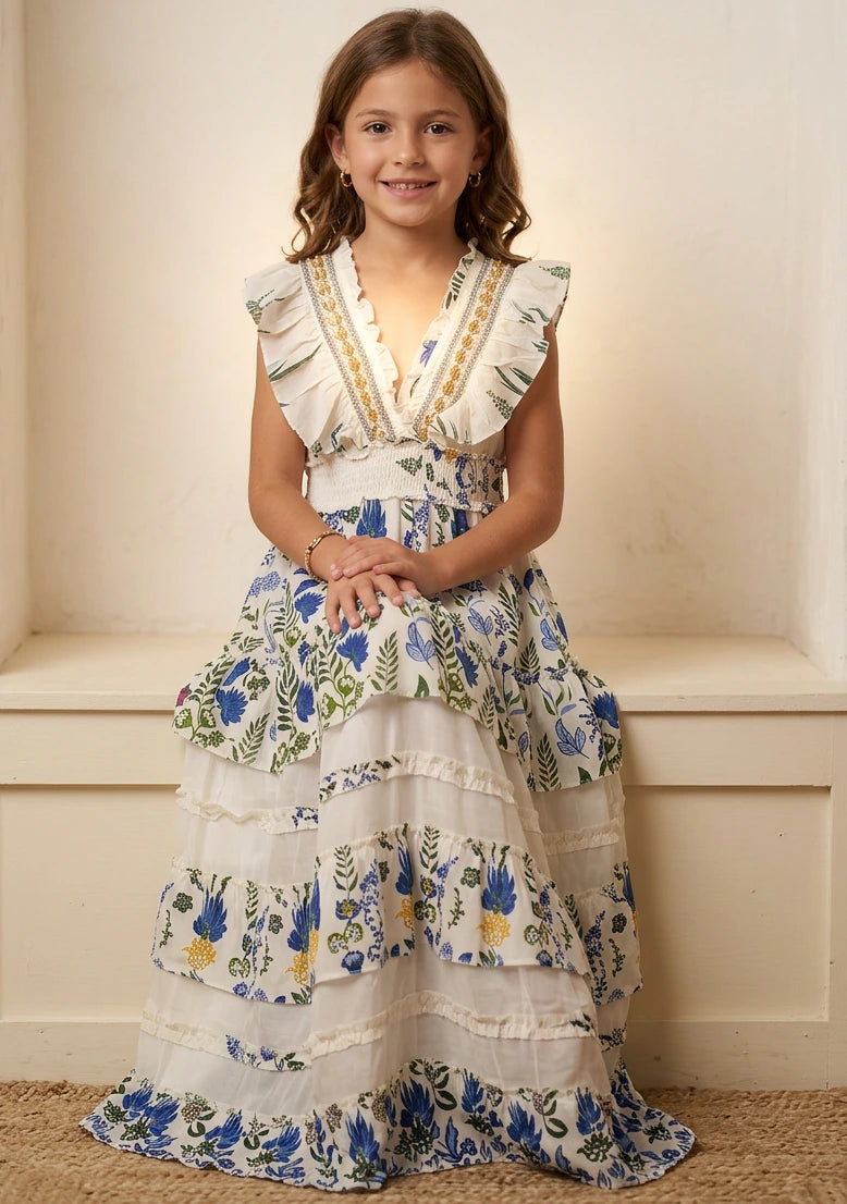 Vestido largo de algodón con cuello en V para niña - Aina