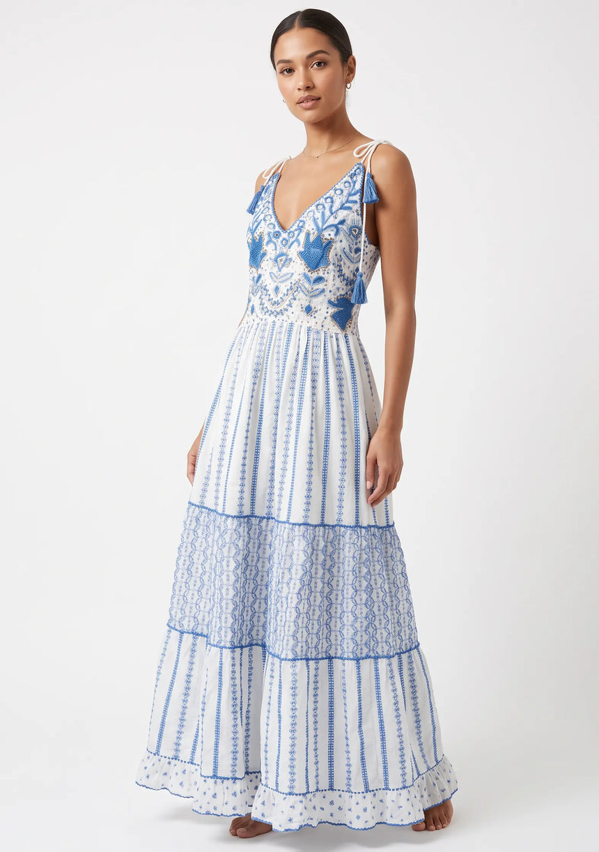 Robe longue à bretelles ibBan pour femme Basima | Broderie main | Paillettes | Taille unique