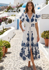 Women's Hand Embroidered Luxury Cotton Long Dress V- Neck - Yamira