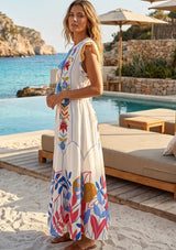 Vestido largo de algodón con cuello redondo para mujer - Barika