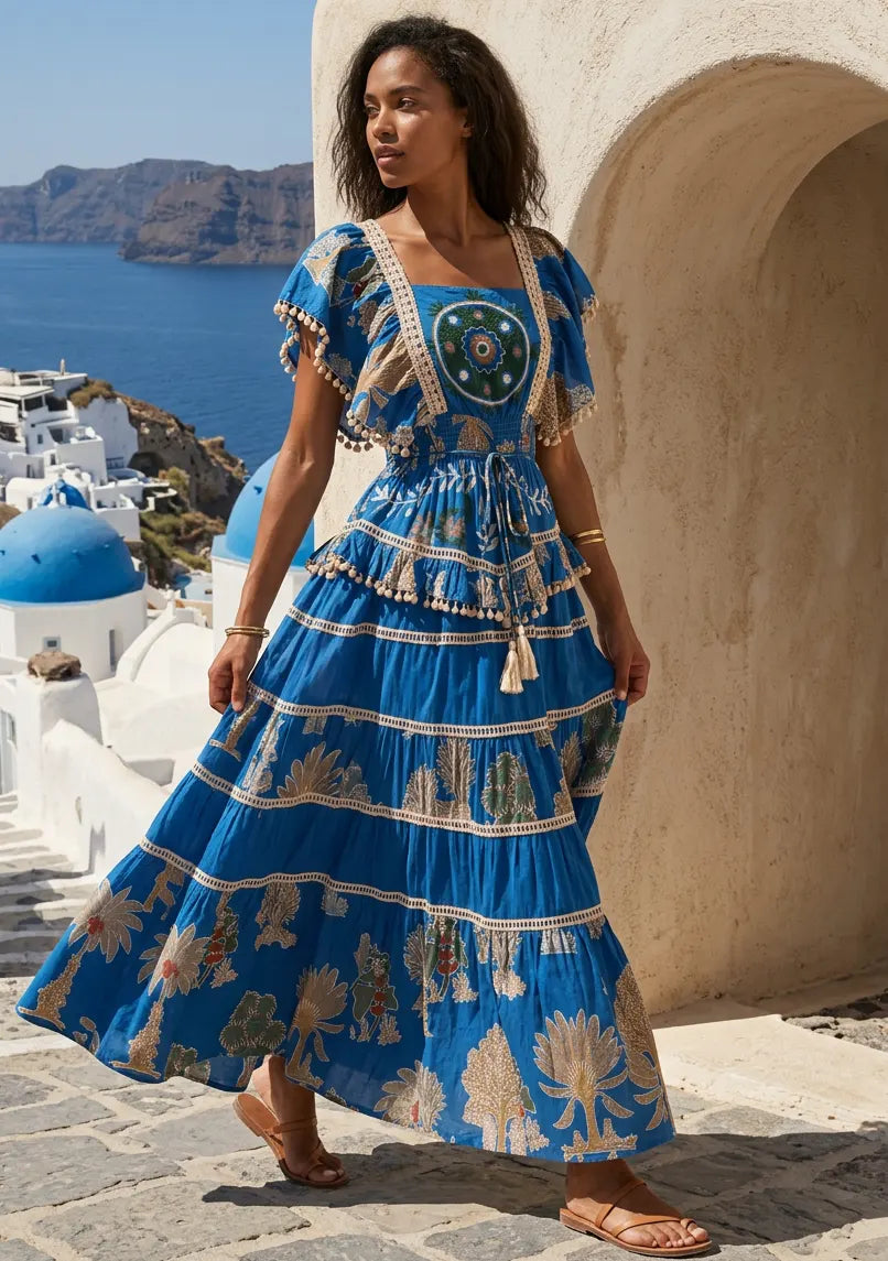 ibBan Embroidered Cotton Maxi Dress with Tiered Floral  - Lamis