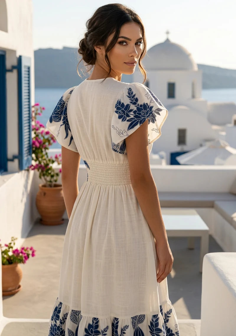 Women's Hand Embroidered Luxury Cotton Long Dress V- Neck - Yamira