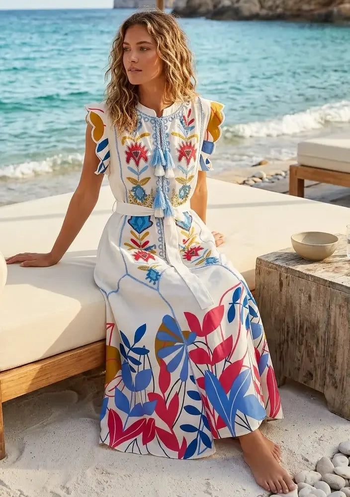 Vestido largo de algodón con cuello redondo para mujer - Barika