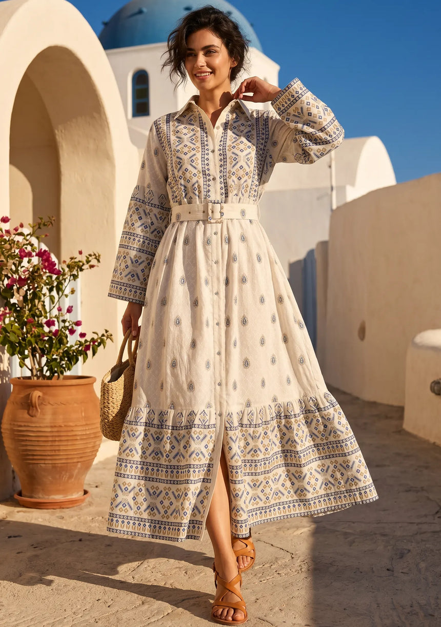 ibBan Printed Cotton Long Dress with Hand Embroidery -Eliza Long Dress