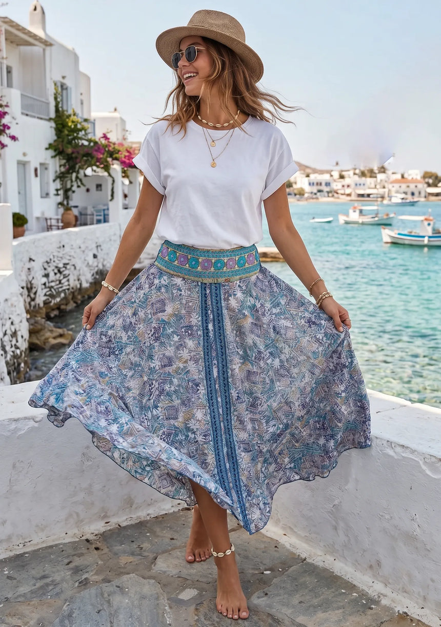 ibBan Printed Silk  Denim Skirt | Luxury Women's Designer  Skirt -Emme