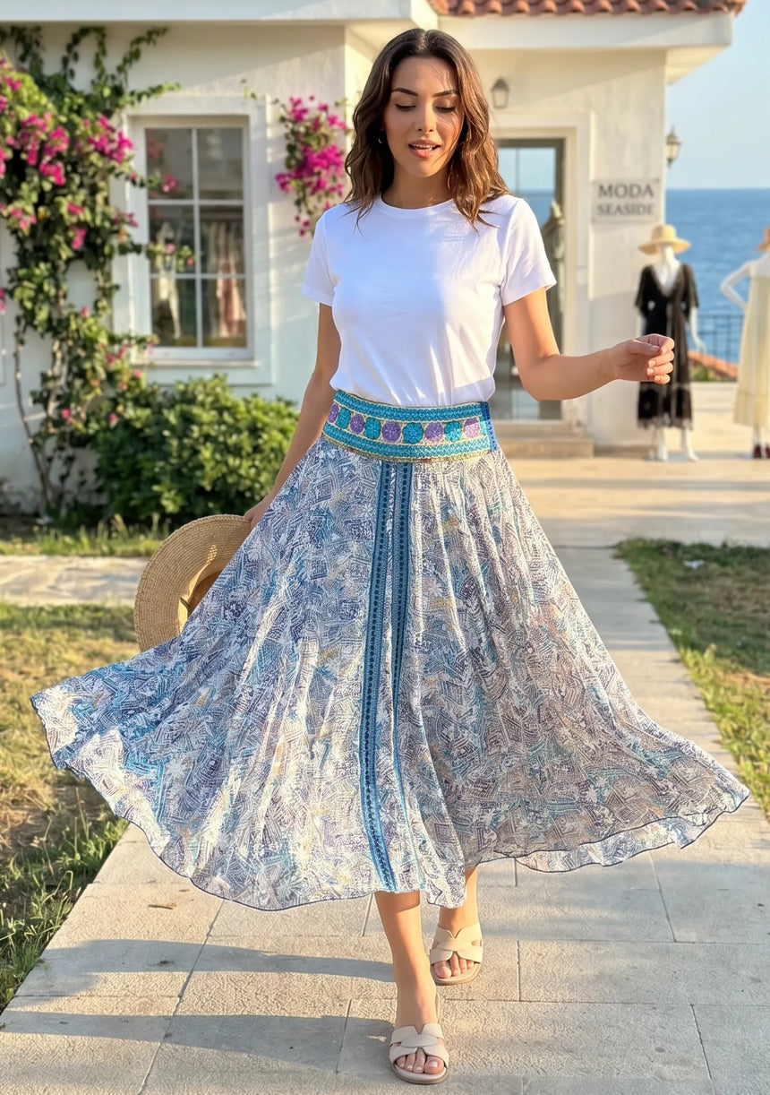 ibBan Printed Silk  Denim Skirt | Luxury Women's Designer  Skirt -Emme