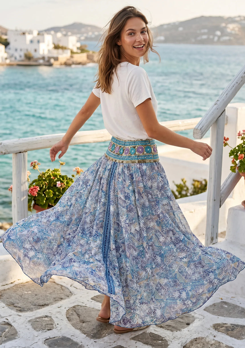 ibBan Printed Silk  Denim Skirt | Luxury Women's Designer  Skirt -Emme