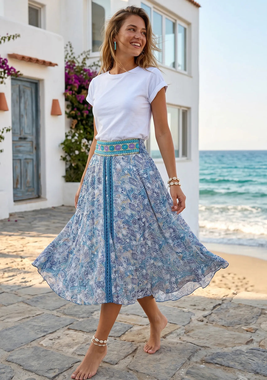 ibBan Printed Silk  Denim Skirt | Luxury Women's Designer  Skirt -Emme