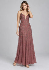 Dusty Rose Net Maxi Dress with Hand Embroidery - Fawzia