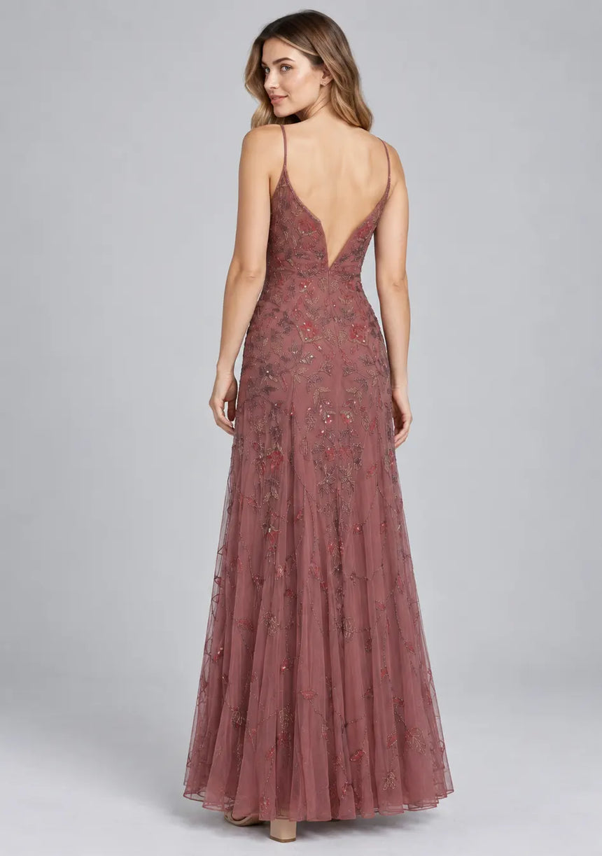 Dusty Rose Net Maxi Dress with Hand Embroidery - Fawzia