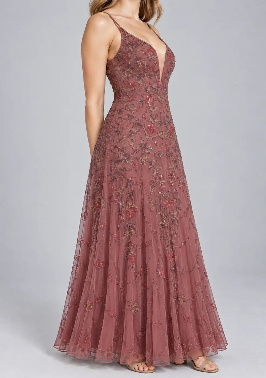Dusty Rose Net Maxi Dress with Hand Embroidery - Fawzia