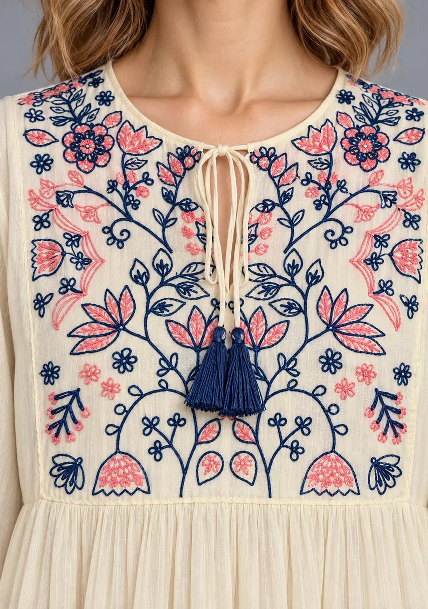 ibBan Cotton Floral Embroidery Long Dress - Riza