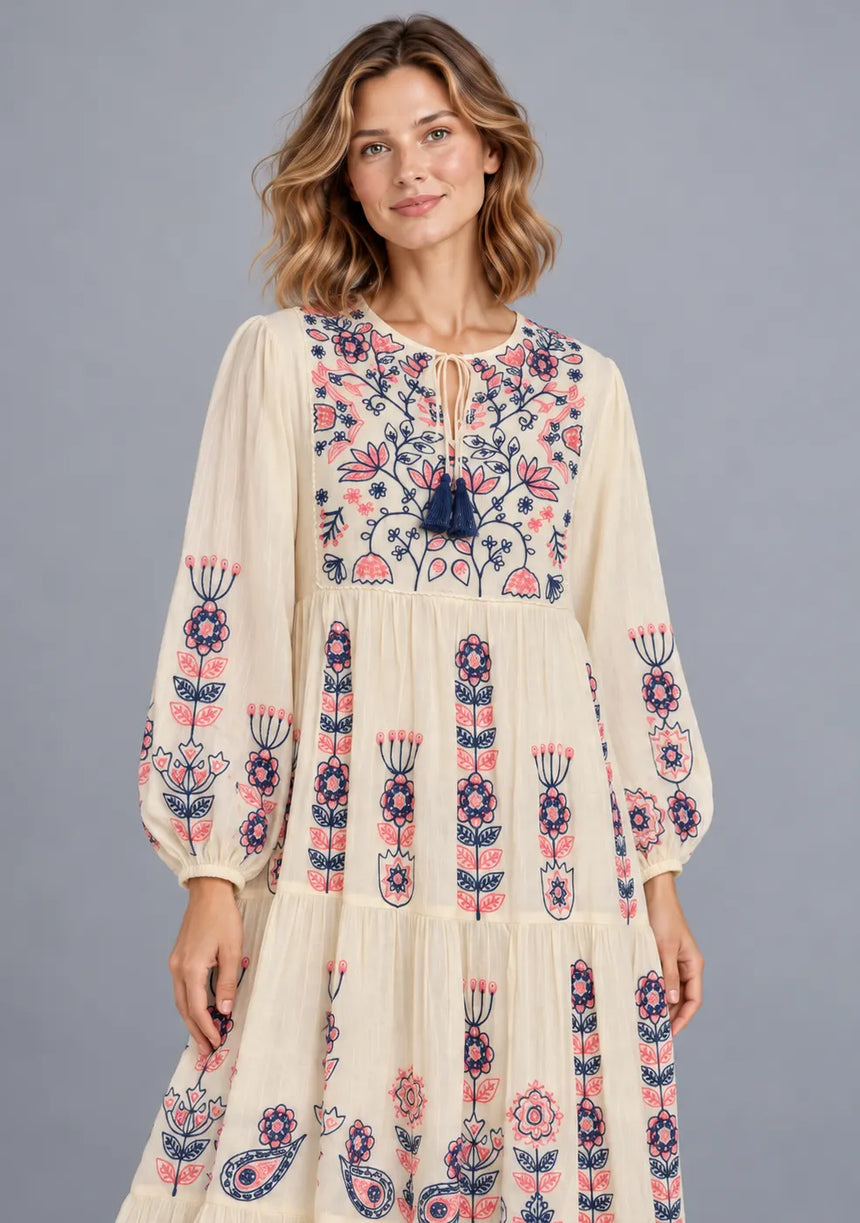 ibBan Cotton Floral Embroidery Long Dress - Riza