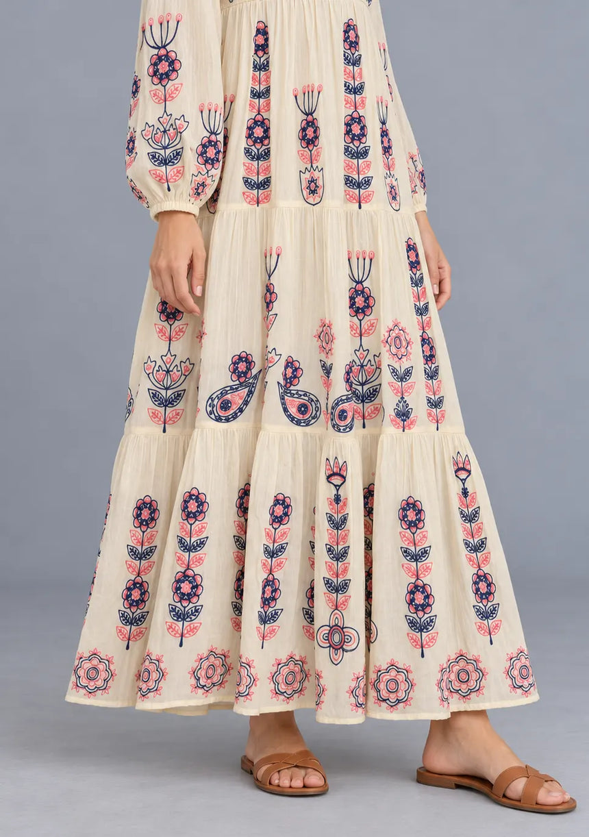 ibBan Cotton Floral Embroidery Long Dress - Riza