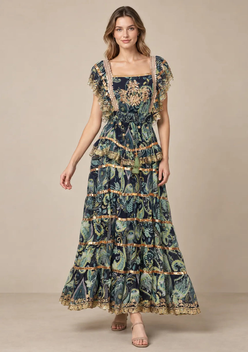 ibBan Cotton Georgette  Floral Tiered Long Dress - Huma