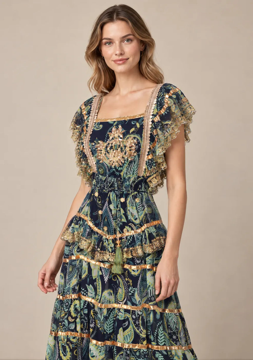 ibBan Cotton Georgette  Floral Tiered Long Dress - Huma
