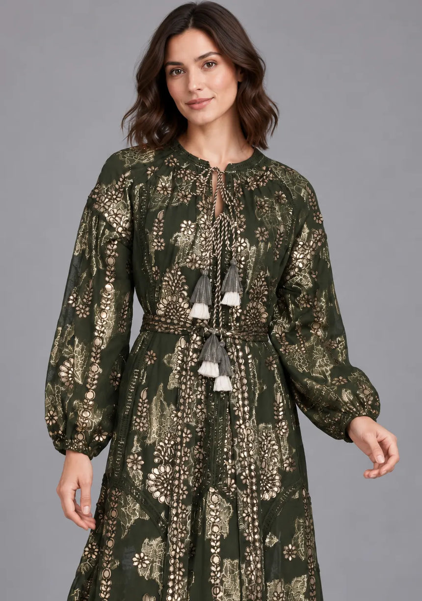 ibBan Floral Lurex Cotton Long Dress - Mavi
