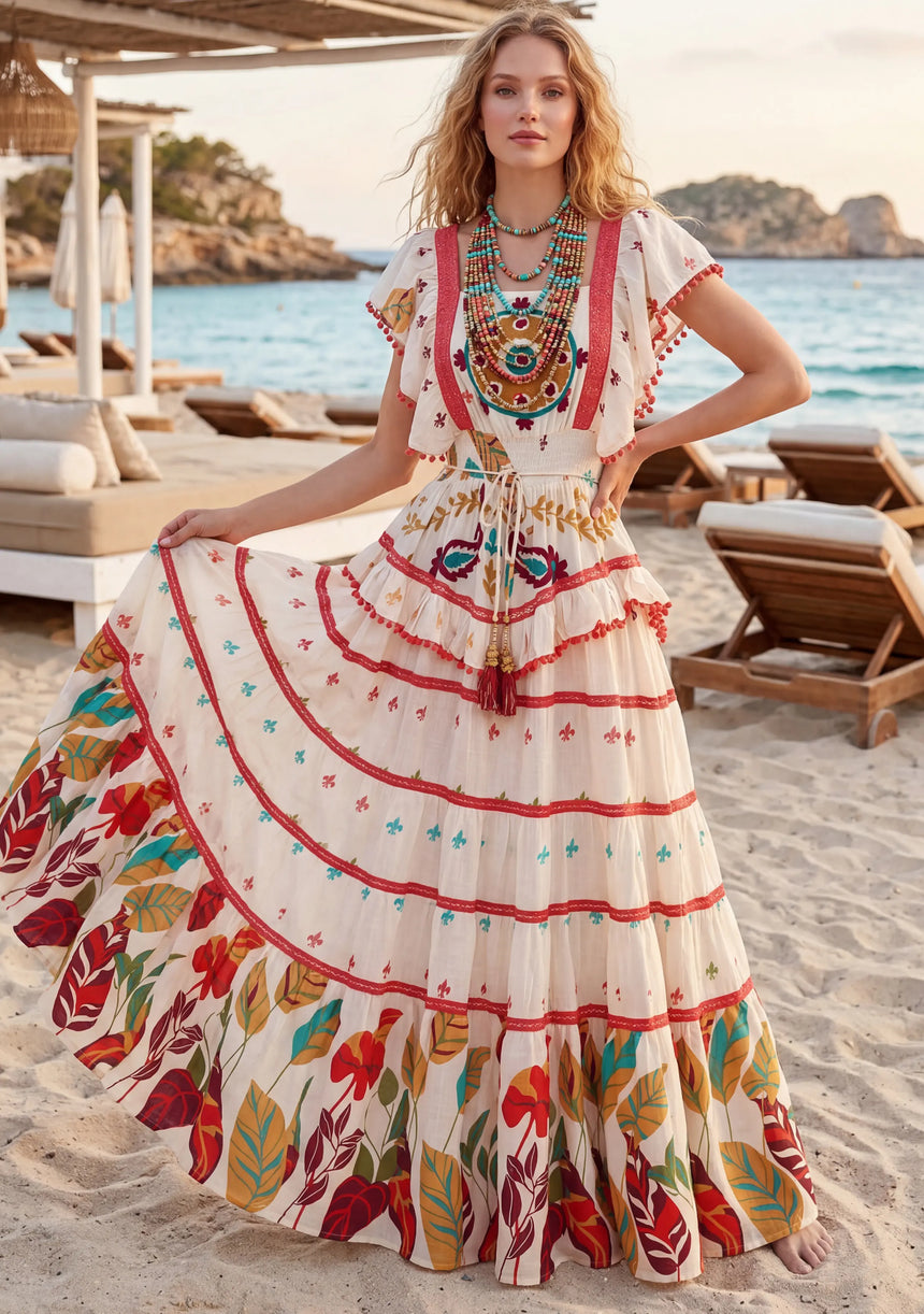 Maxivestido de algodón con cuello en V para mujer - Funami